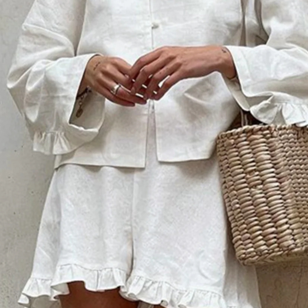 Commense Cream High Waist Ruffle Shorts and top